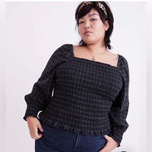 Madewell Lucie Bubble-Sleeve Smocked Top in Plaid NWT 3X